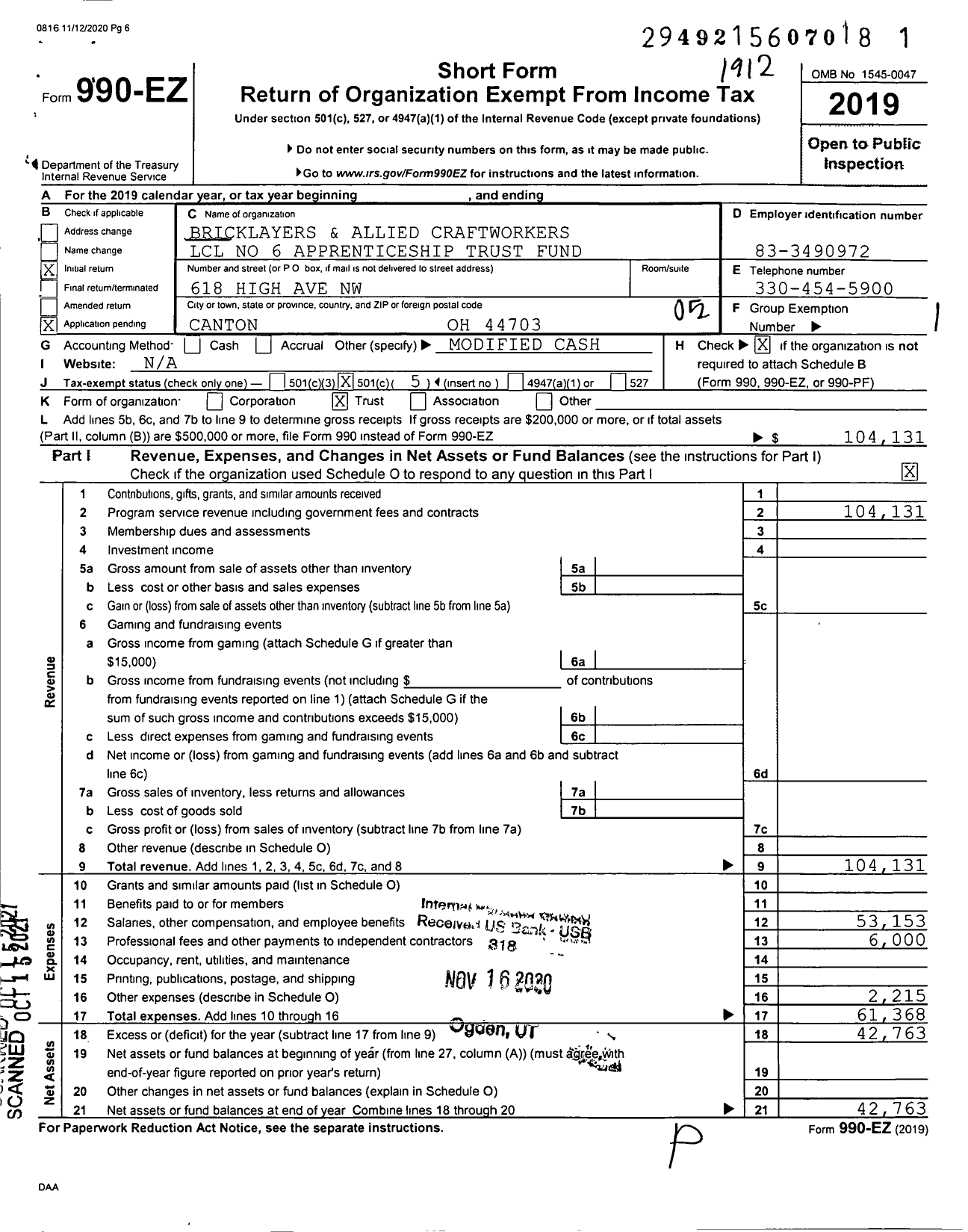 Image of first page of 2019 Form 990EO for Bricklayers and Allied Craftworkers LCL No 6 Apprenticeship Trust Fund