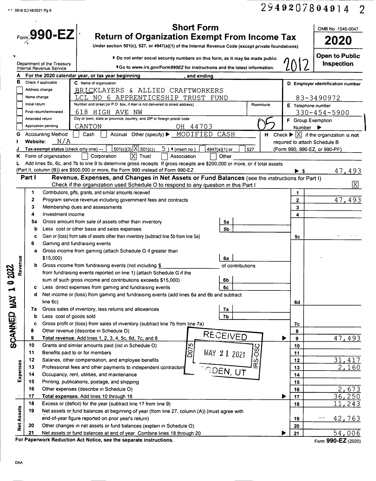 Image of first page of 2020 Form 990EO for Bricklayers and Allied Craftworkers LCL No 6 Apprenticeship Trust Fund