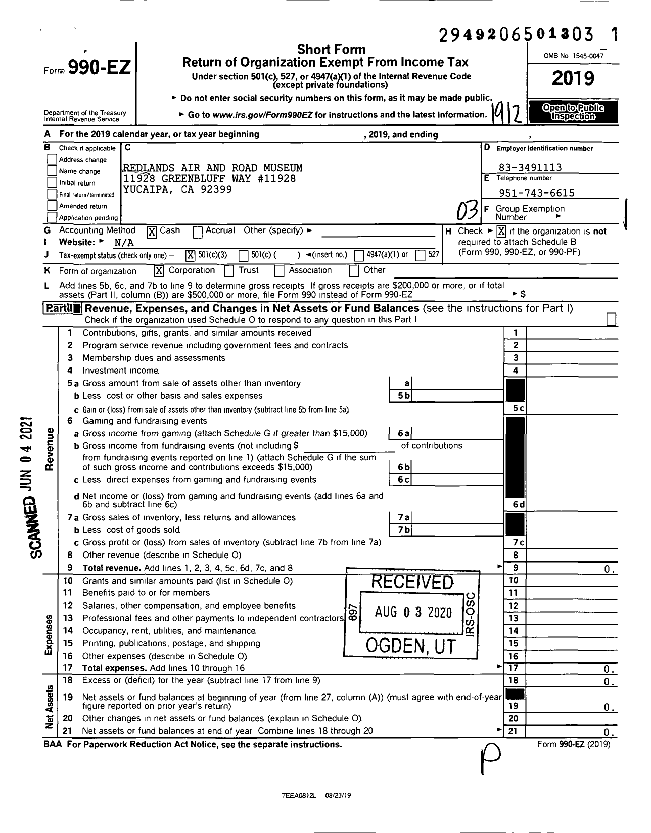 Image of first page of 2019 Form 990EZ for Redlands Air and Road Museum