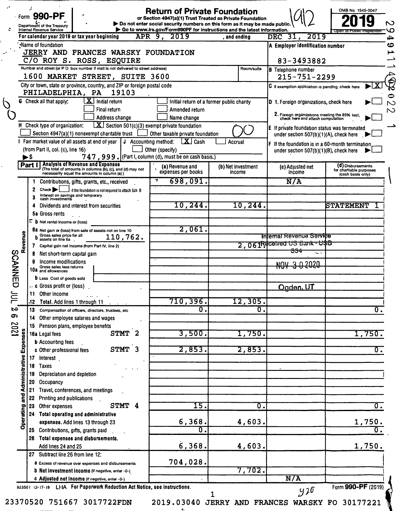 Image of first page of 2019 Form 990PF for Jerry and Frances Warsky Foundation