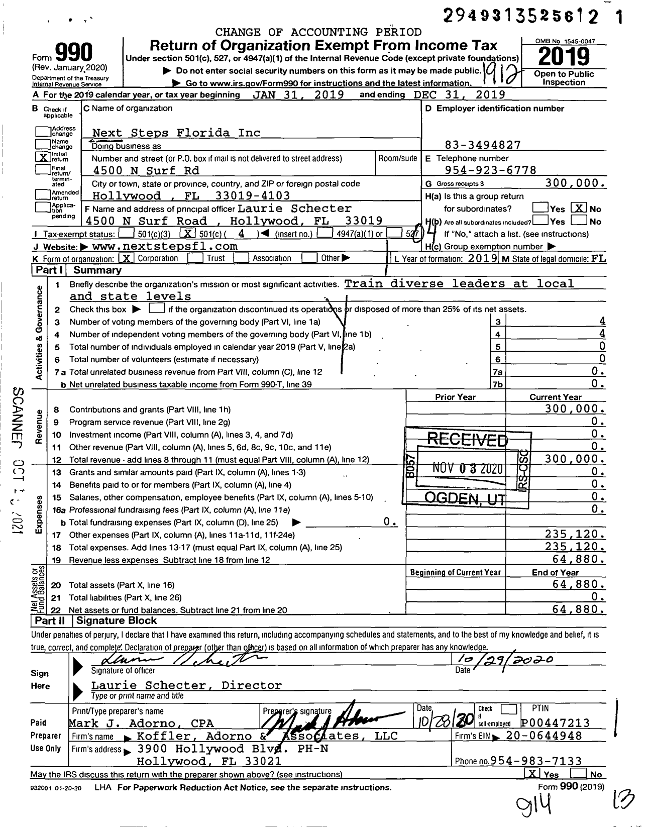Image of first page of 2019 Form 990O for Next Steps Florida