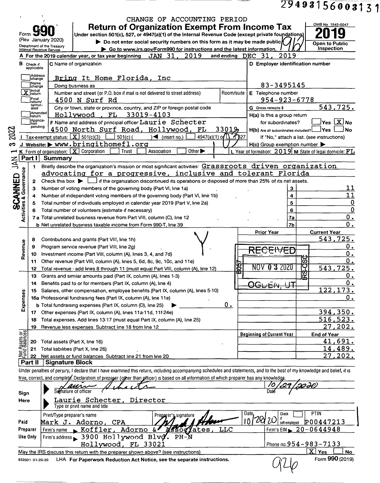 Image of first page of 2019 Form 990 for Bring It Home Florida