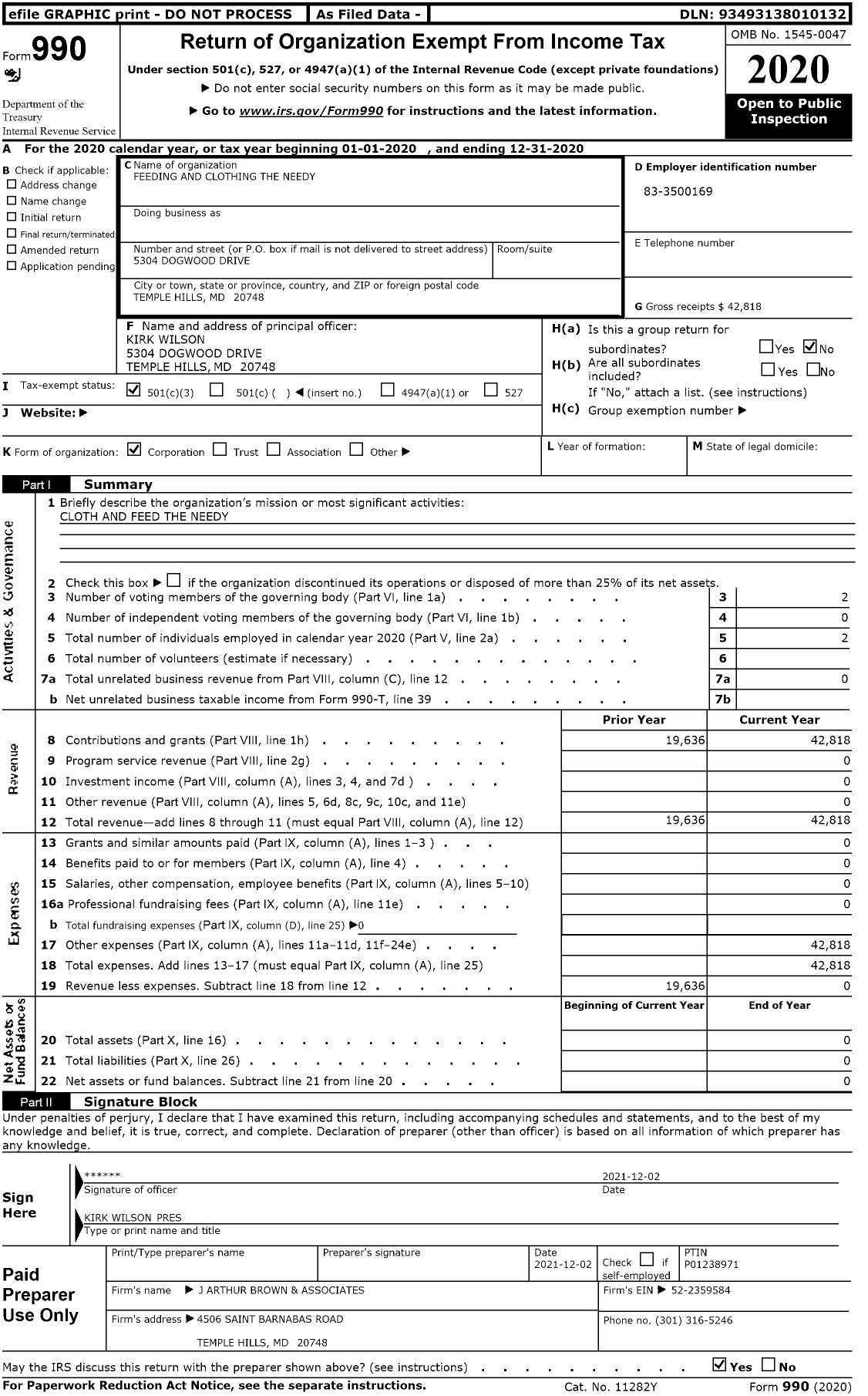 Image of first page of 2020 Form 990 for Feeding and Clothing the Needy