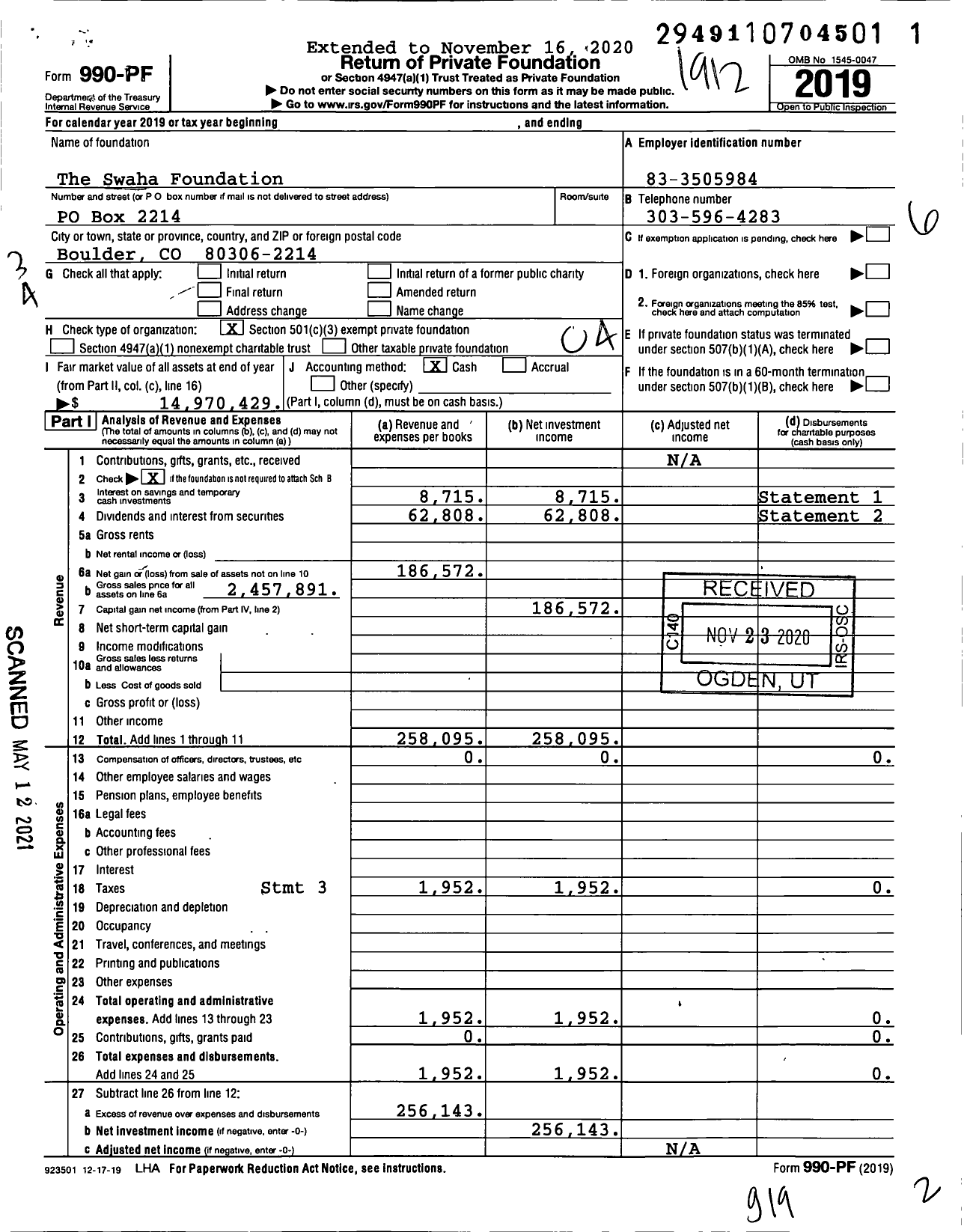 Image of first page of 2019 Form 990PF for The Swaha Foundation