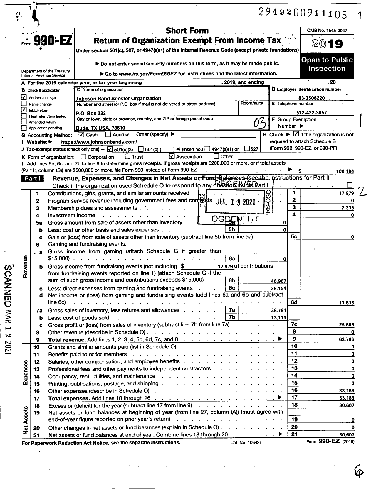 Image of first page of 2019 Form 990EZ for Johnson High School Band Boosters