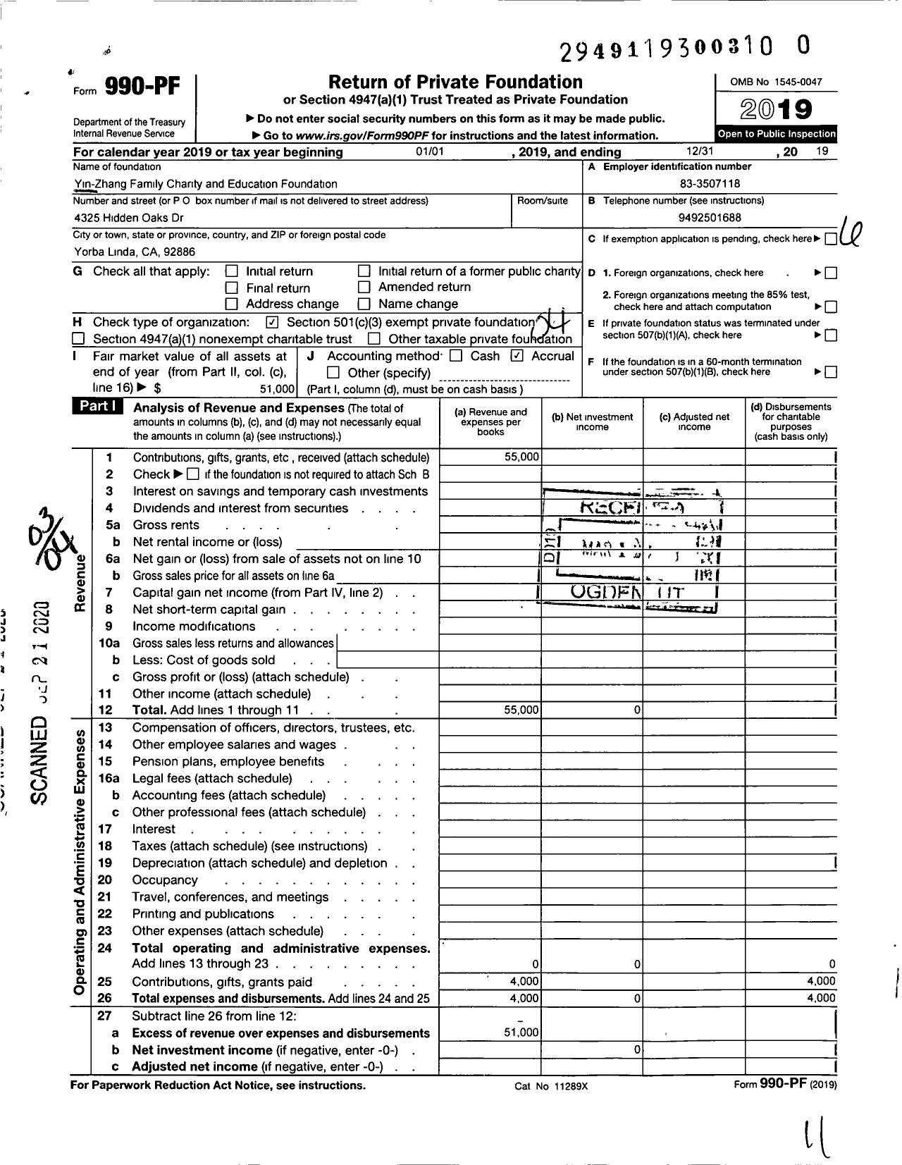 Image of first page of 2019 Form 990PR for Yin-Zhang Family Charity and Education Foundation