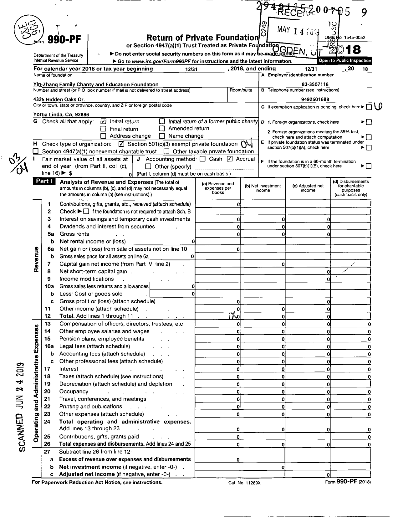 Image of first page of 2018 Form 990PF for Yin-Zhang Family Charity and Education Foundation