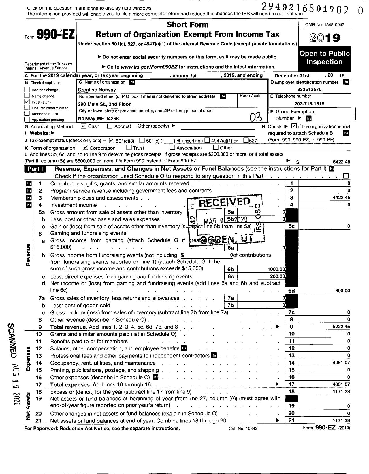 Image of first page of 2019 Form 990EZ for Creative Norway