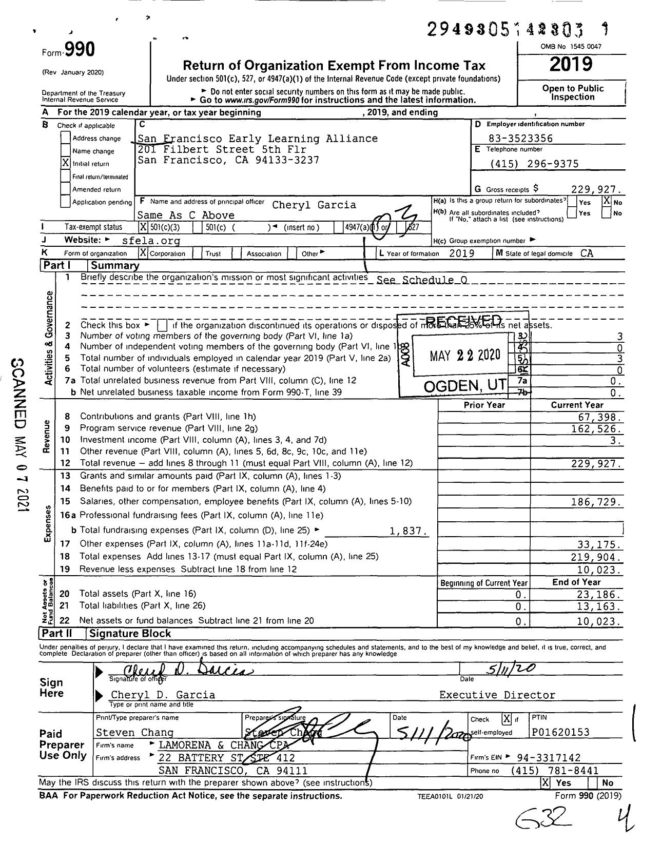 Image of first page of 2019 Form 990 for San Francisco Early Learning Alliance