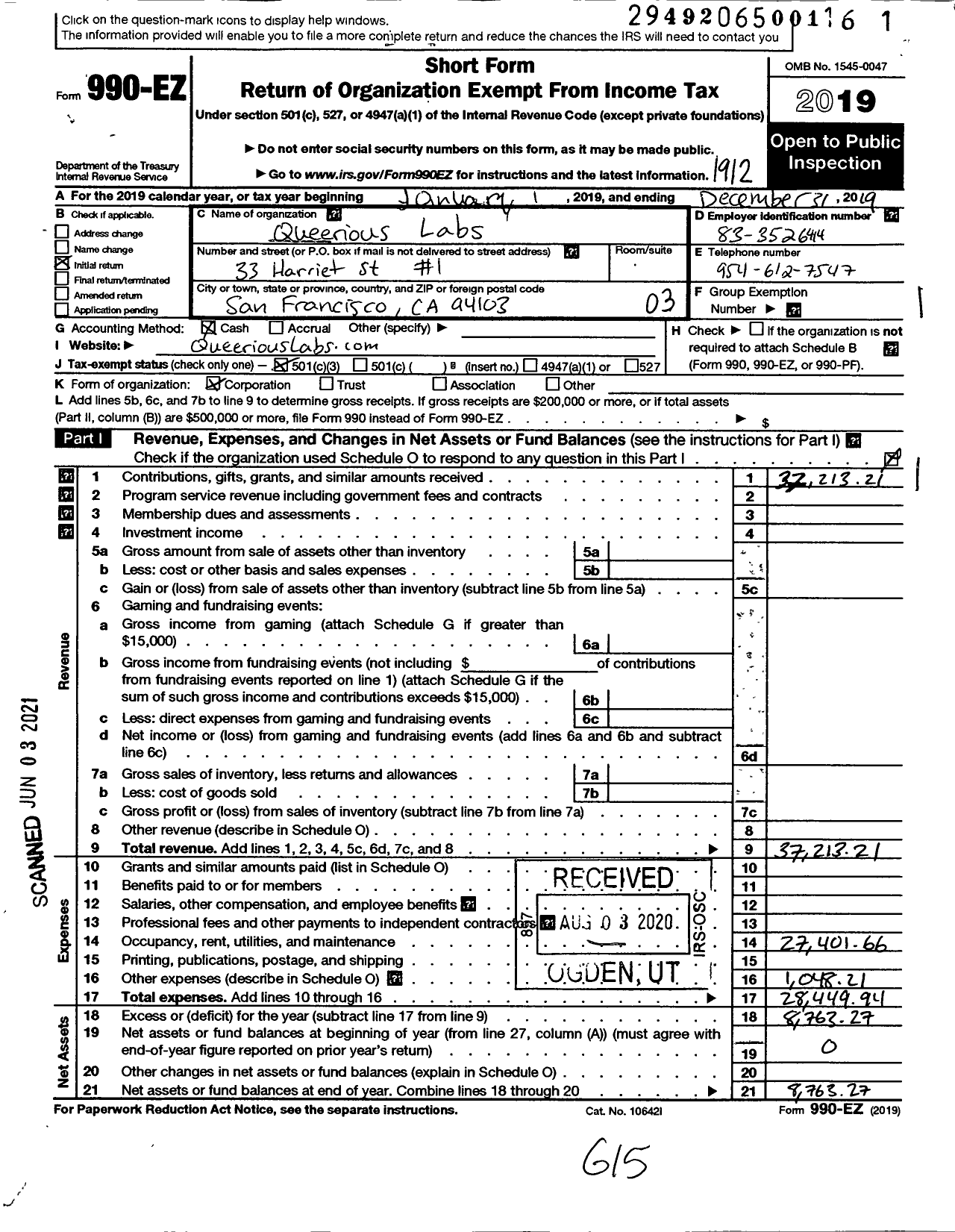 Image of first page of 2019 Form 990EZ for Queerious Labs