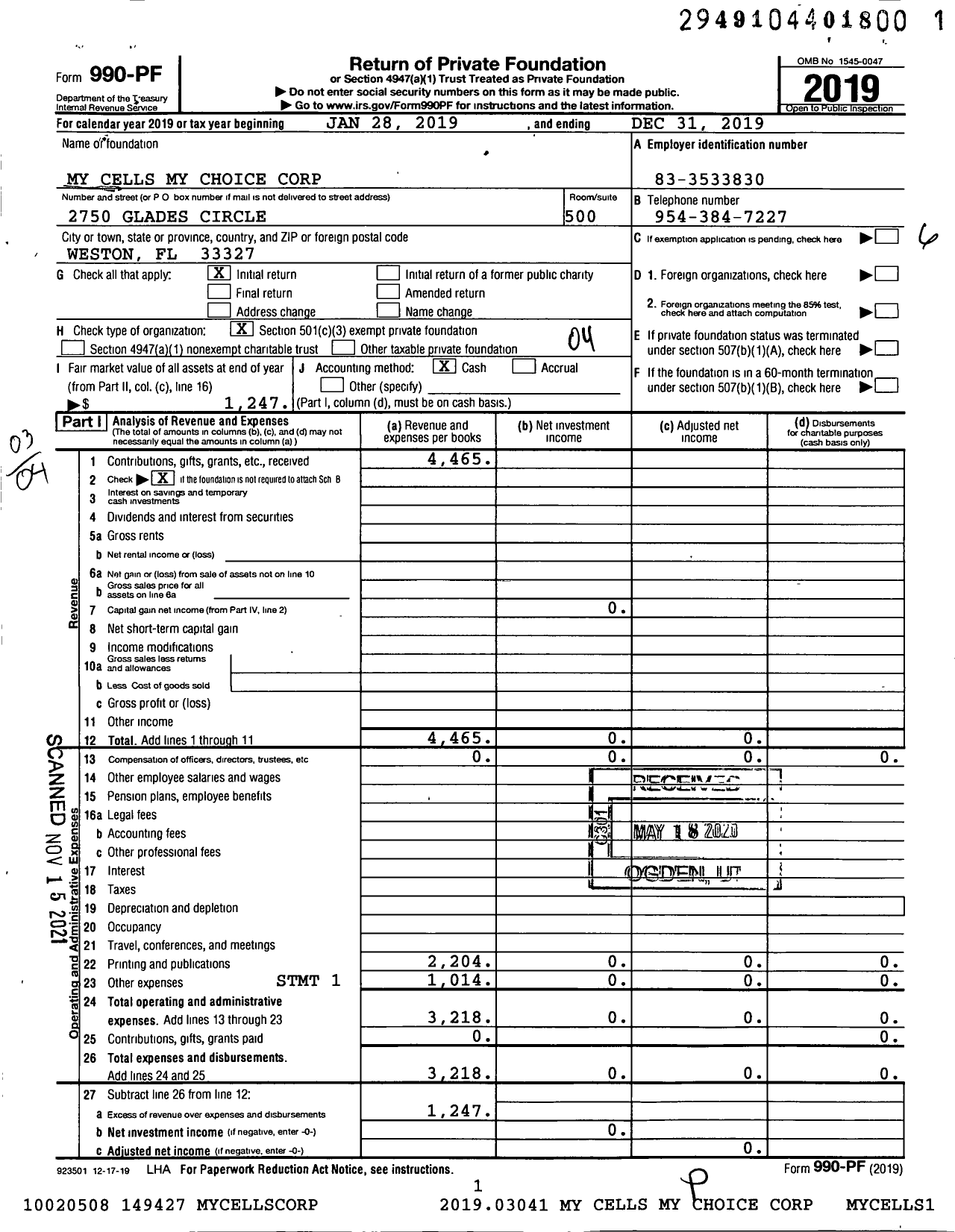 Image of first page of 2019 Form 990PF for My Cells My Choice Corporation