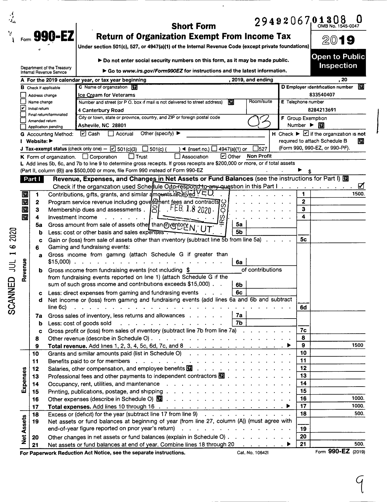 Image of first page of 2019 Form 990EZ for Ice Cream for Veterans