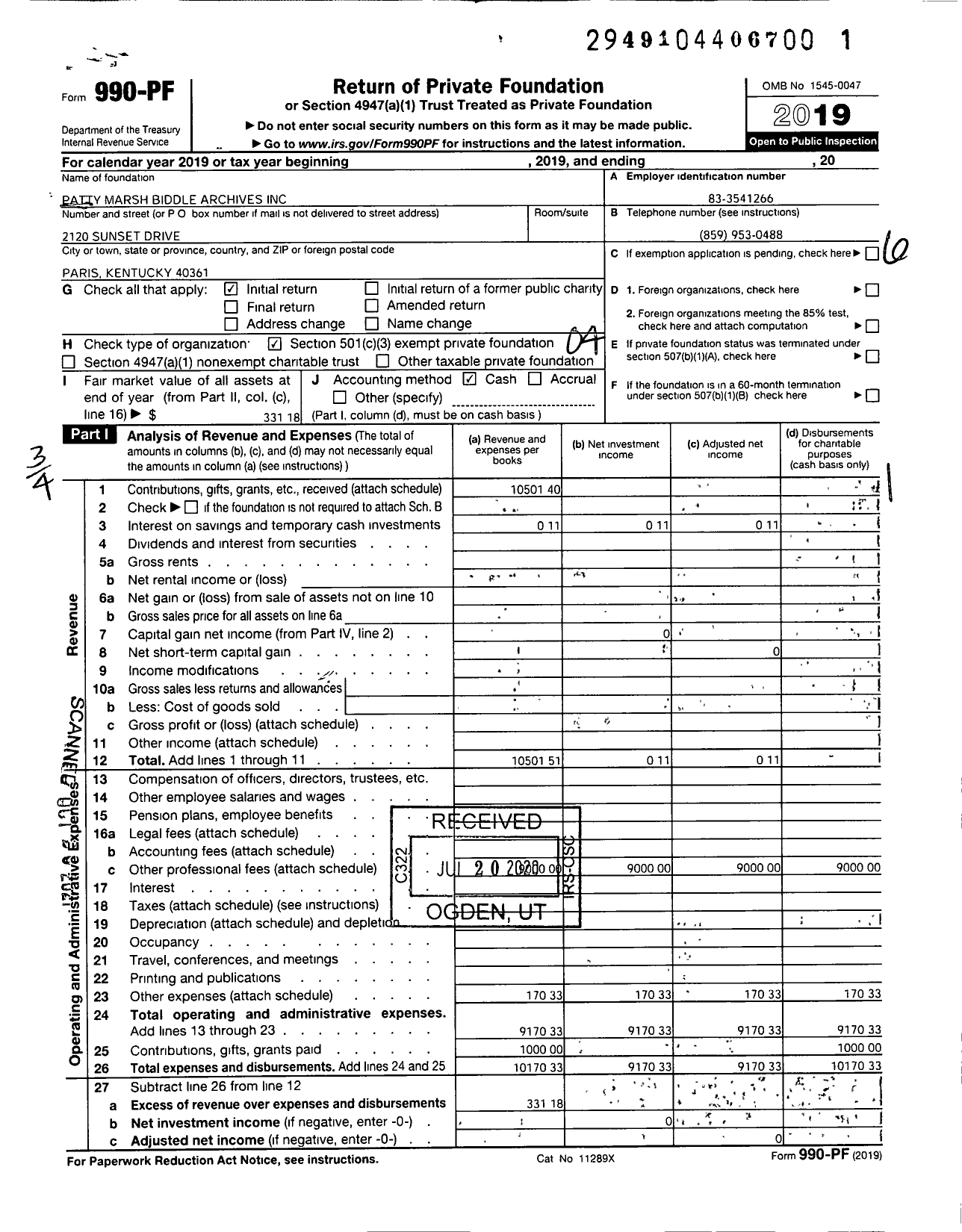 Image of first page of 2019 Form 990PF for Patty Marsh Biddle Archives