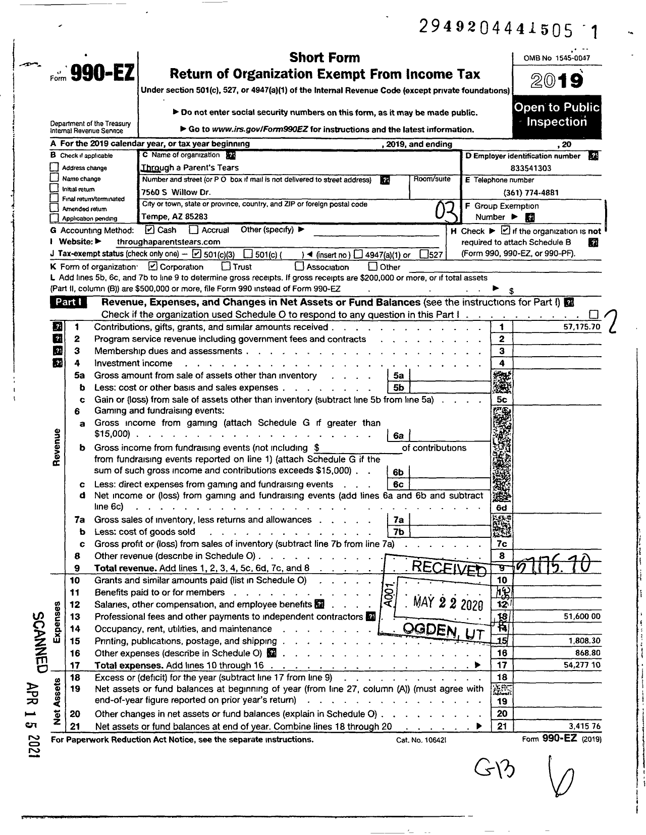 Image of first page of 2019 Form 990EZ for Through A Parents Tears