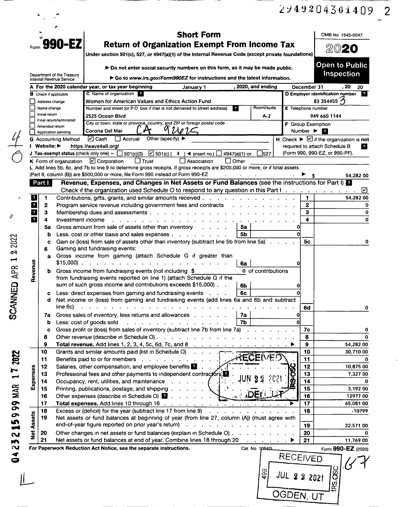 Image of first page of 2020 Form 990EO for Women for American Values and Ethics Action Fund