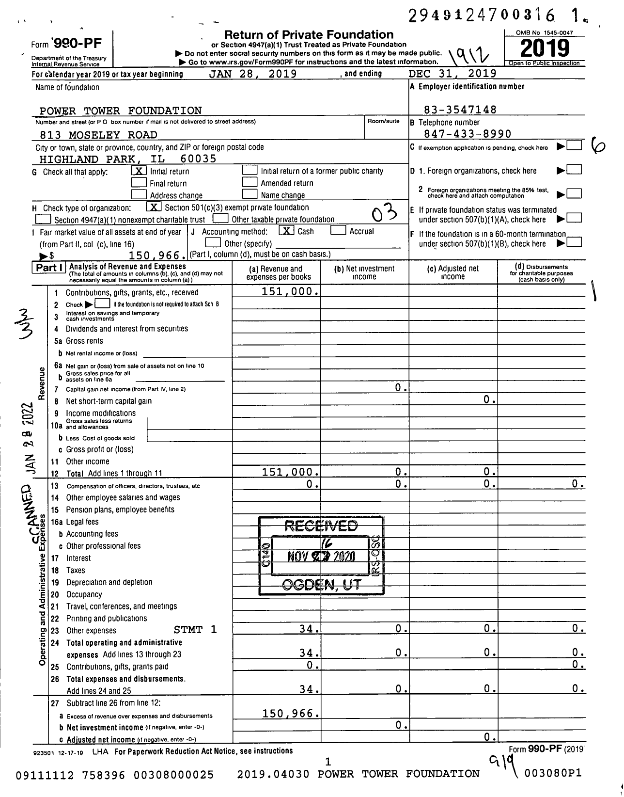 Image of first page of 2019 Form 990PF for Power Tower Foundation