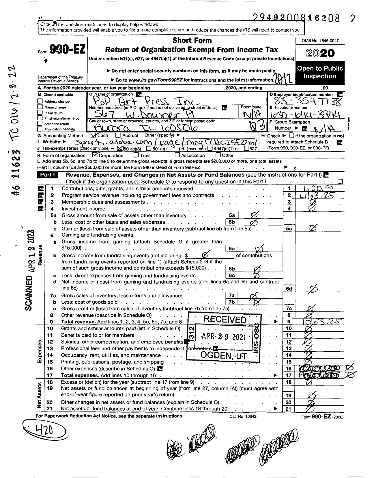 Image of first page of 2020 Form 990EZ for Pop Art Press