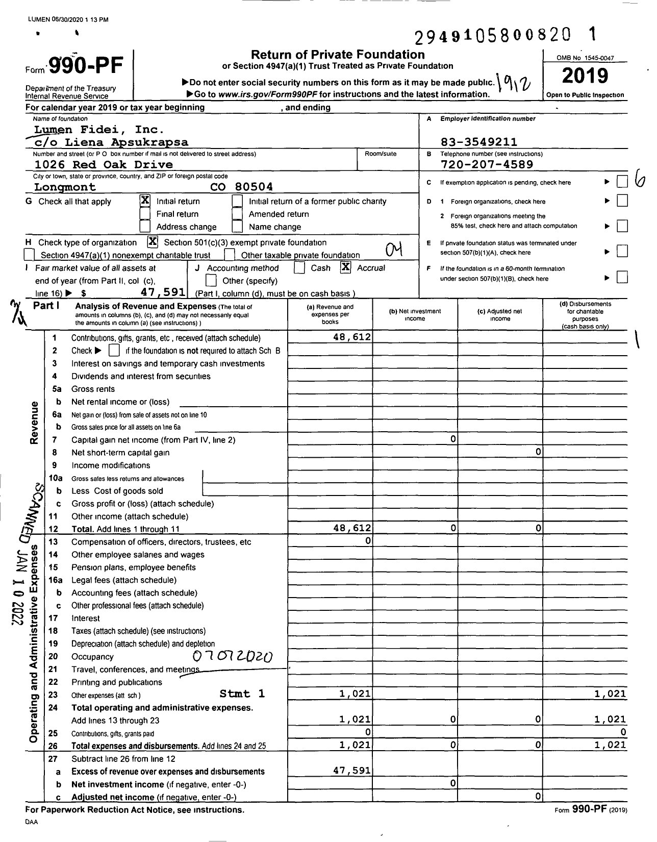 Image of first page of 2019 Form 990PF for Lumen Fidei