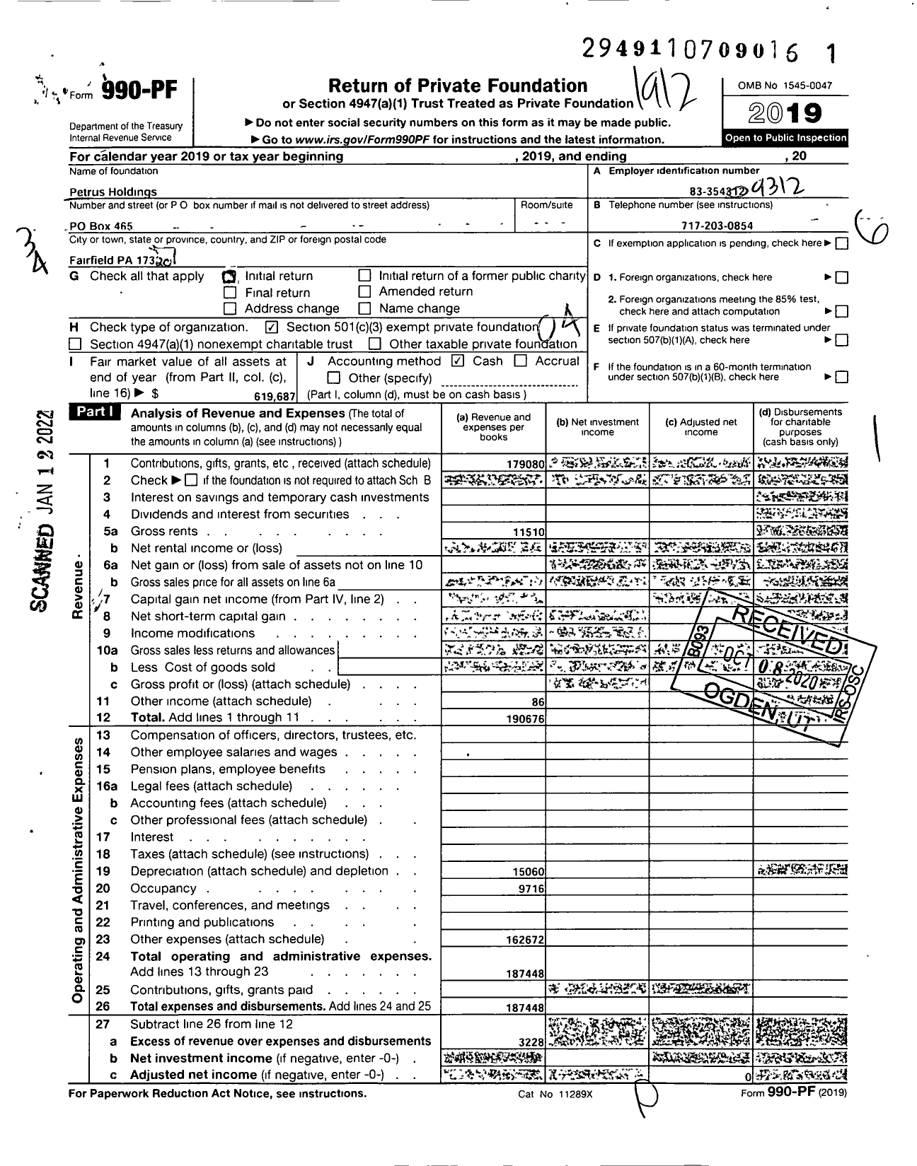 Image of first page of 2019 Form 990PF for Petrus Holdings