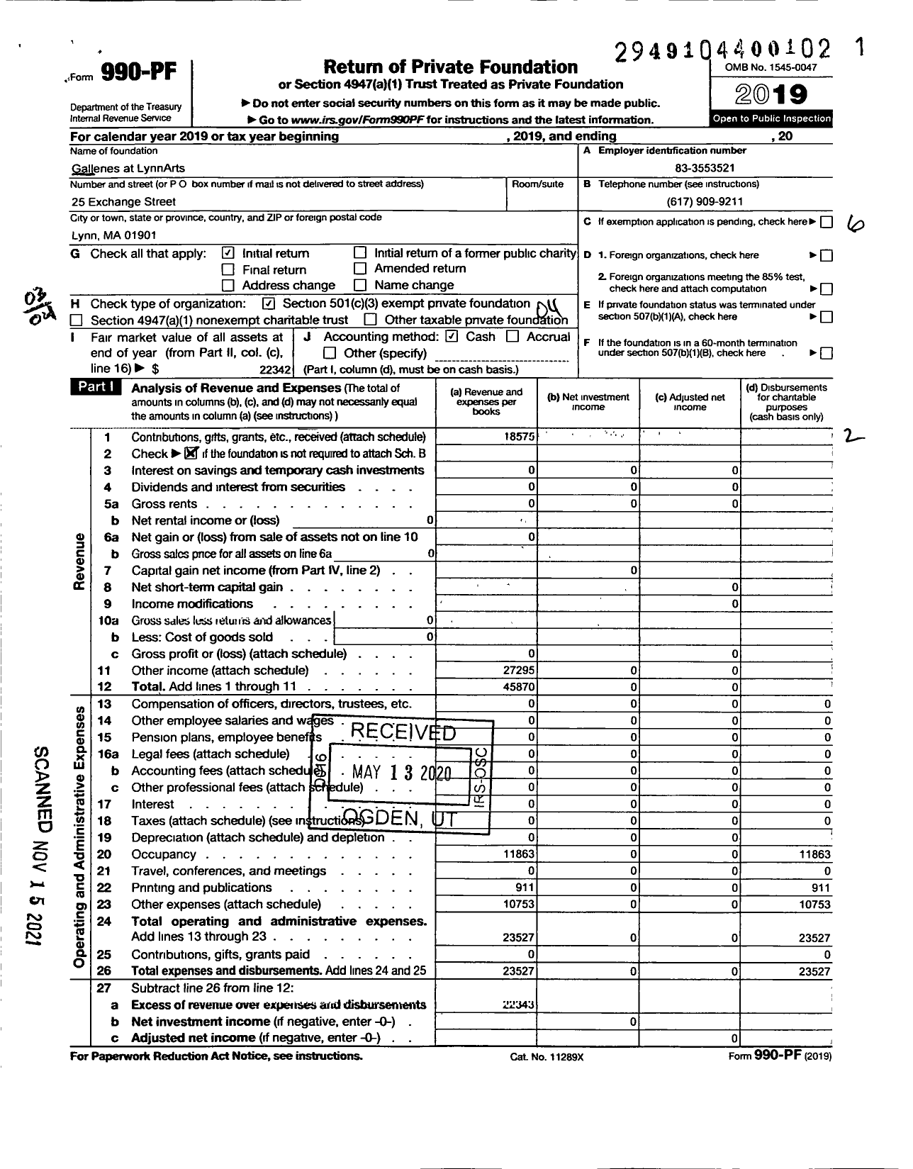 Image of first page of 2019 Form 990PF for Galleries At Lynnarts (GALA)