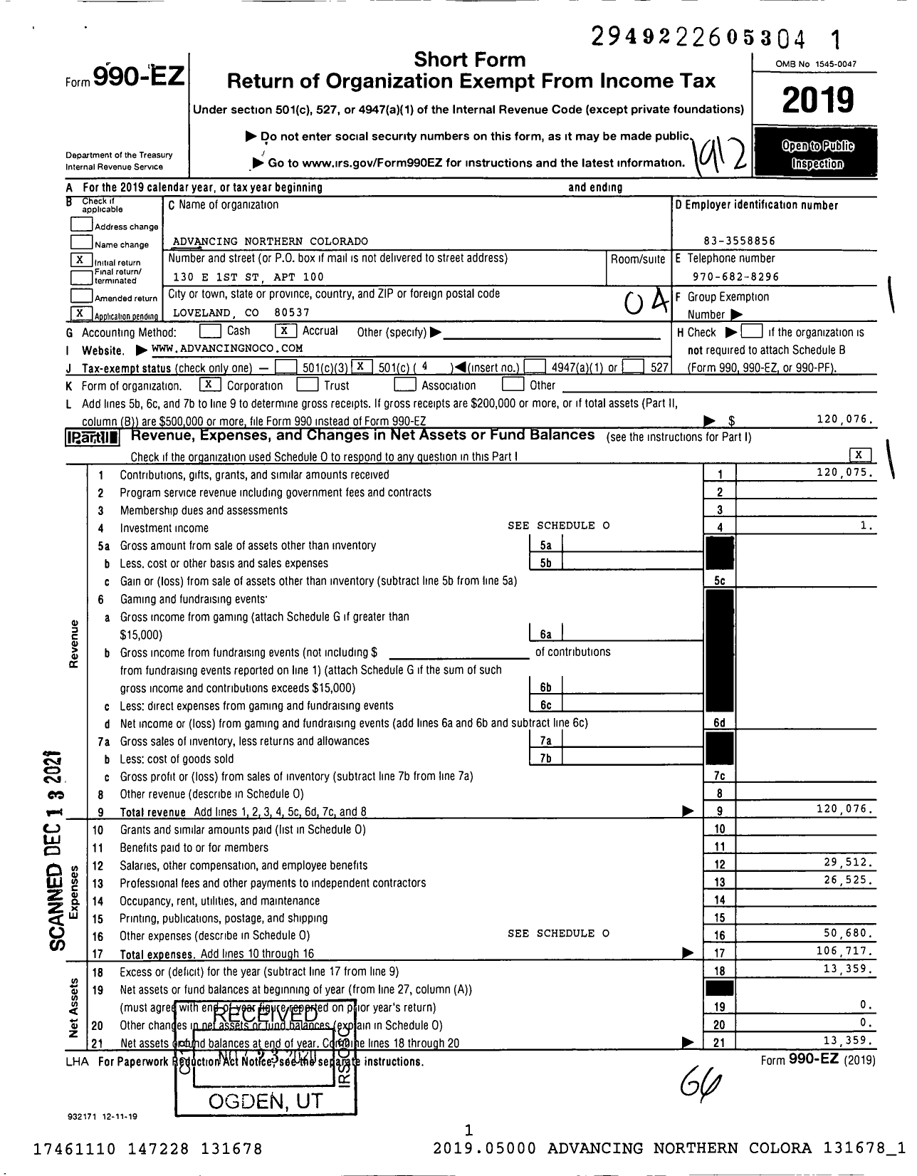 Image of first page of 2019 Form 990EO for Advancing Northern Colorado