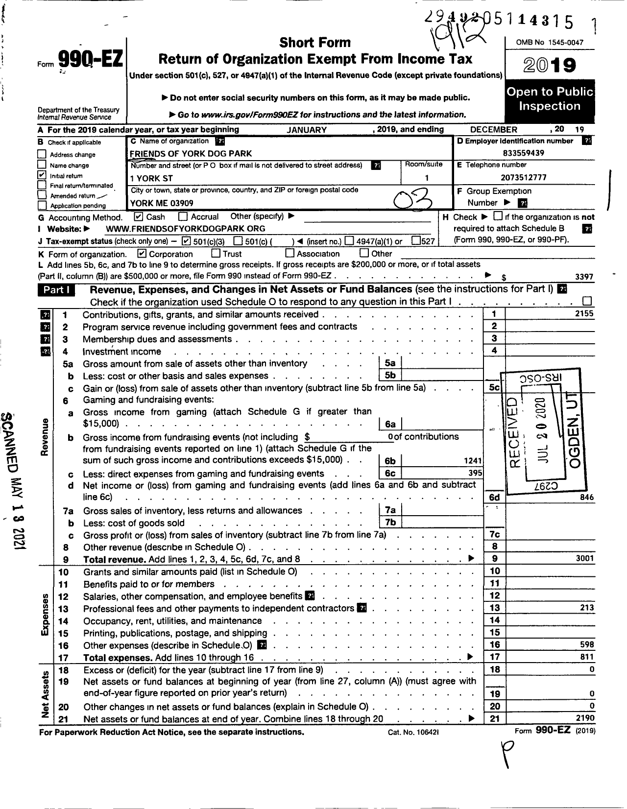 Image of first page of 2019 Form 990EZ for Friends of York Dog Park