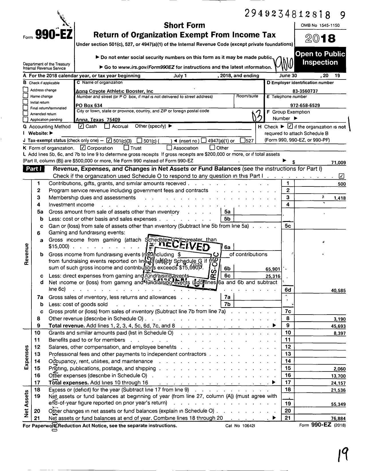 Image of first page of 2018 Form 990EZ for Anna Coyote Athletic Boosters