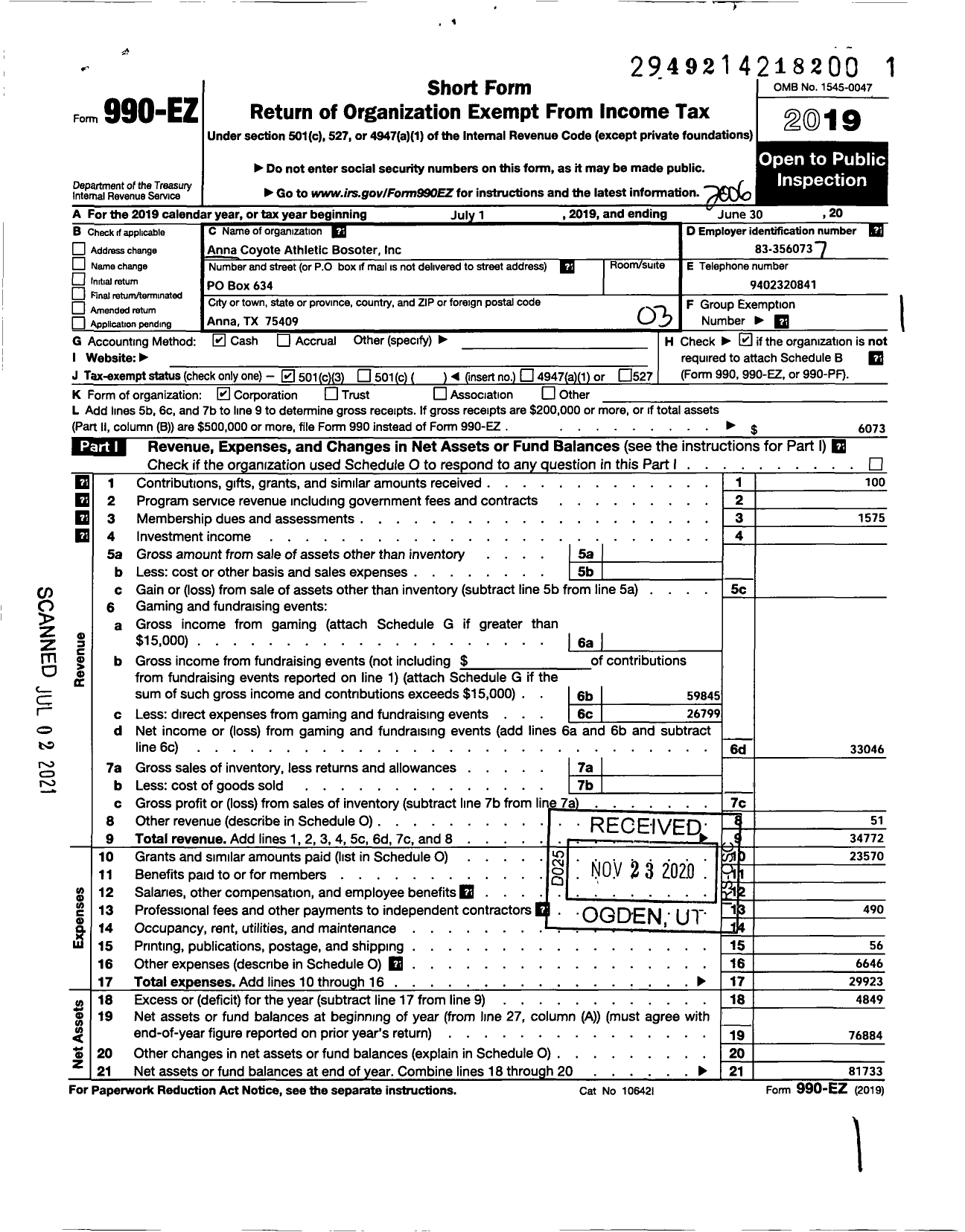 Image of first page of 2019 Form 990EZ for Anna Coyote Athletic Boosters