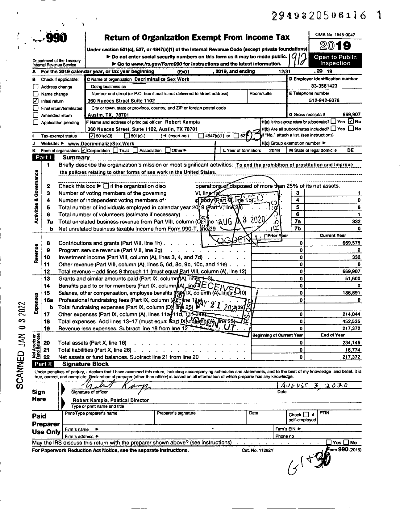 Image of first page of 2019 Form 990 for Decriminalize Sex Work