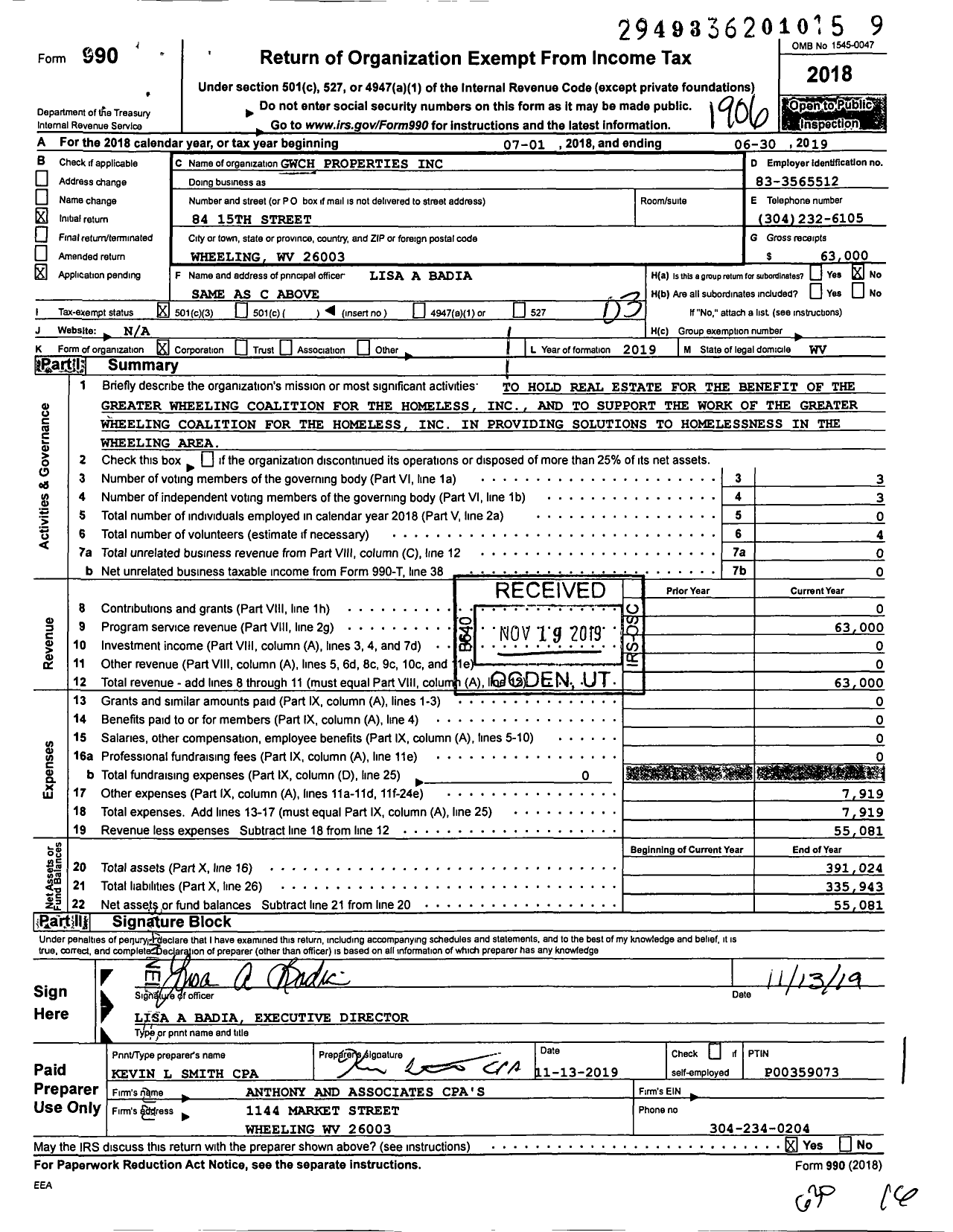 Image of first page of 2018 Form 990 for GWCH Properties