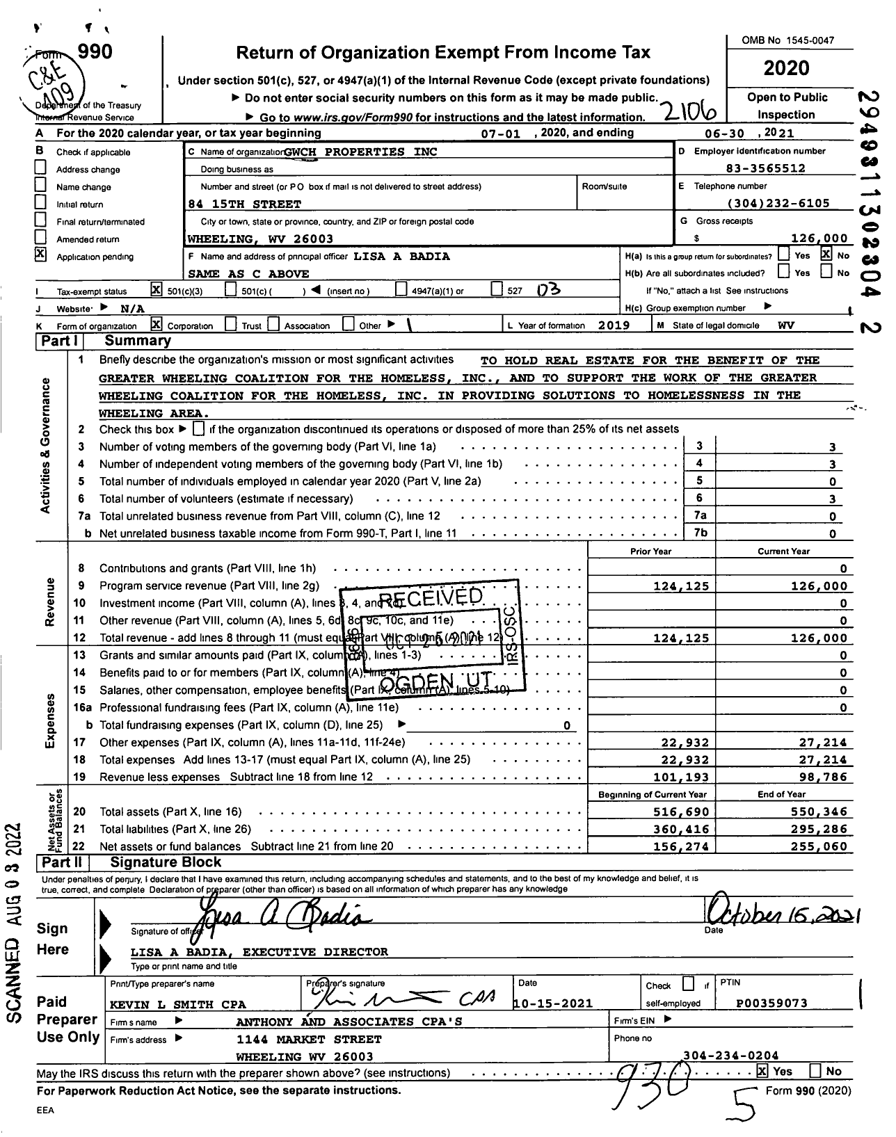 Image of first page of 2020 Form 990 for GWCH Properties