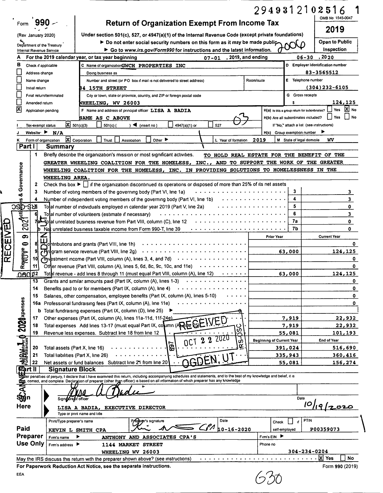 Image of first page of 2019 Form 990 for GWCH Properties