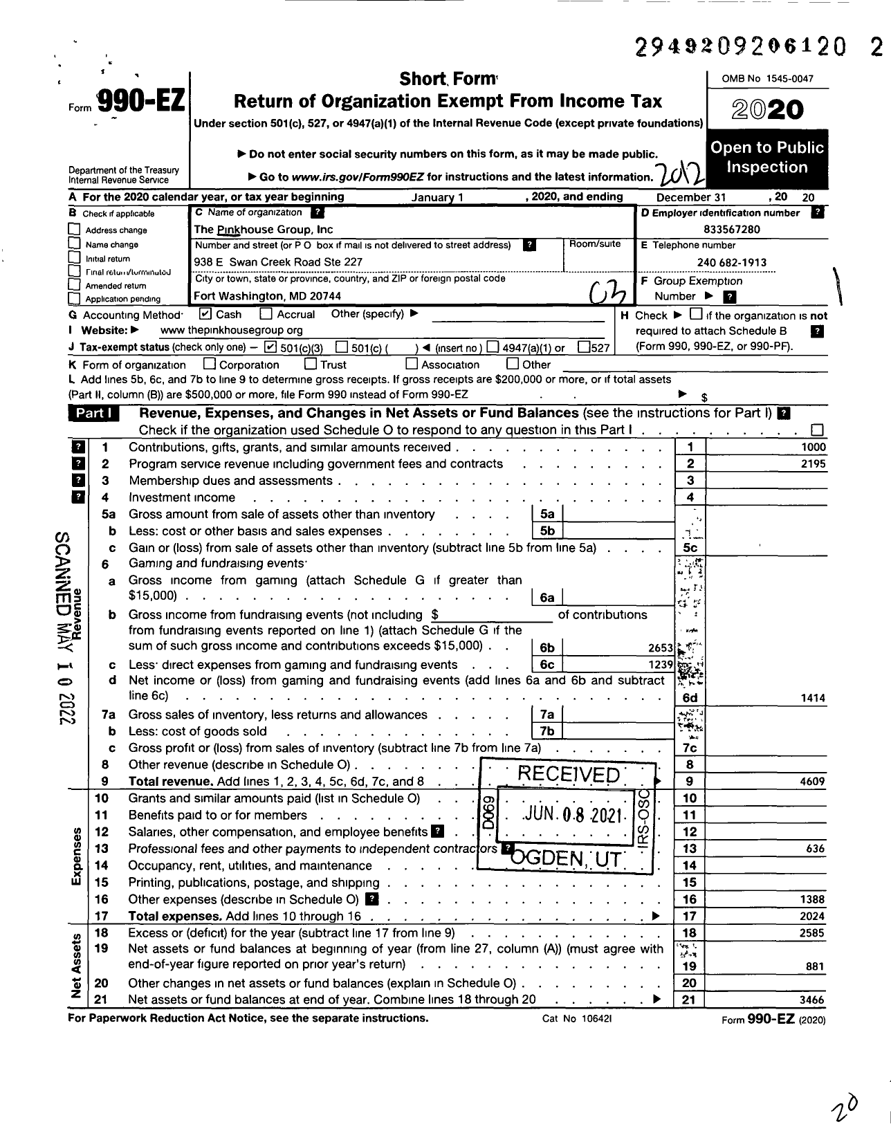 Image of first page of 2020 Form 990EZ for Pink House Group