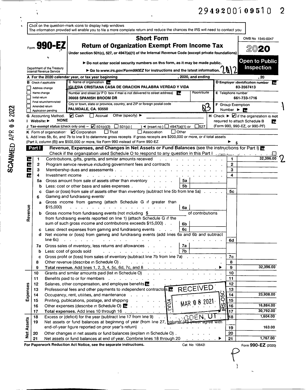 Image of first page of 2020 Form 990EZ for Iglesia Cristiana Casa de Oracion Palabra Verdad Y Vida