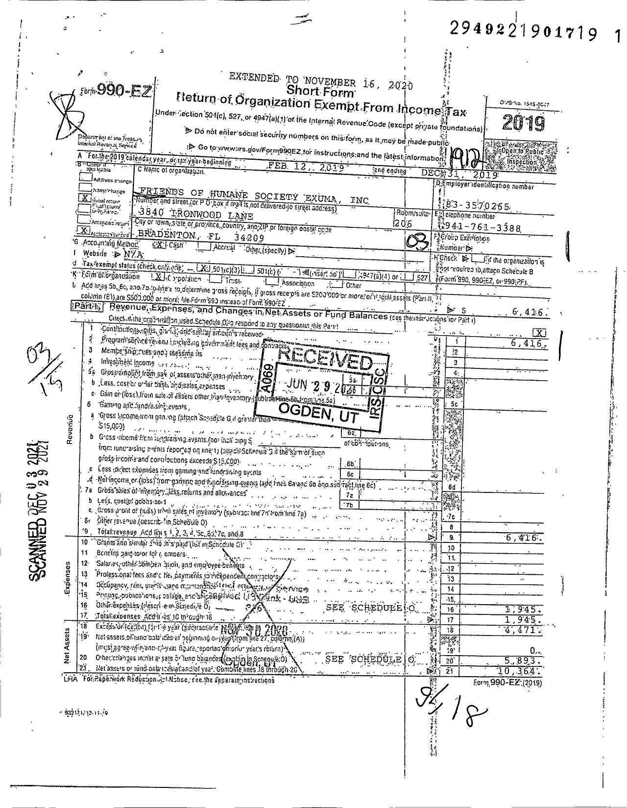 Image of first page of 2019 Form 990EZ for Friends of Humane Society Exuma