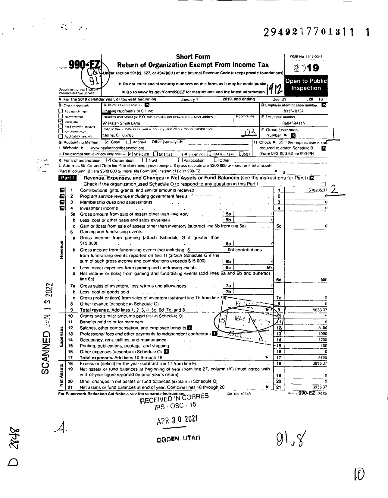 Image of first page of 2019 Form 990EZ for Healing Hoofbeats of CT