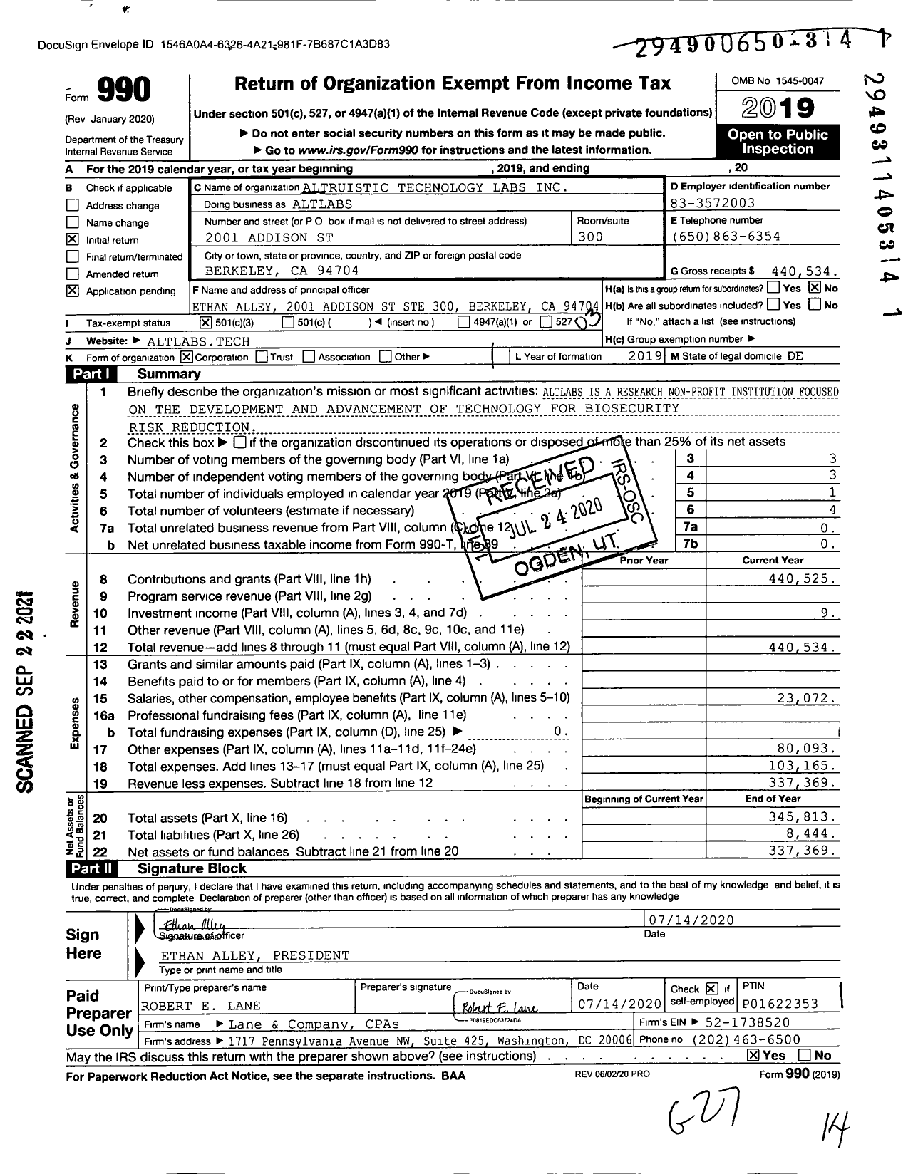 Image of first page of 2019 Form 990 for Altlabs