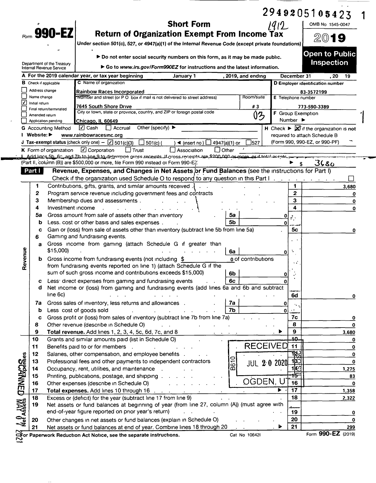 Image of first page of 2019 Form 990EZ for Rainbow Races Incorporated