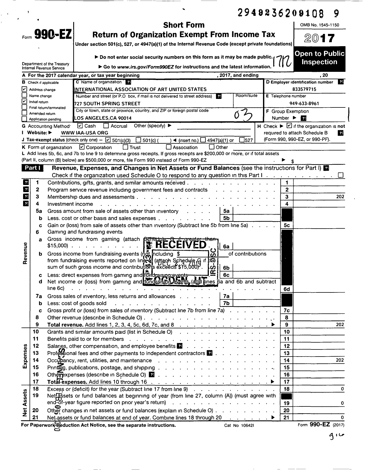 Image of first page of 2017 Form 990EZ for International Association of Art United States