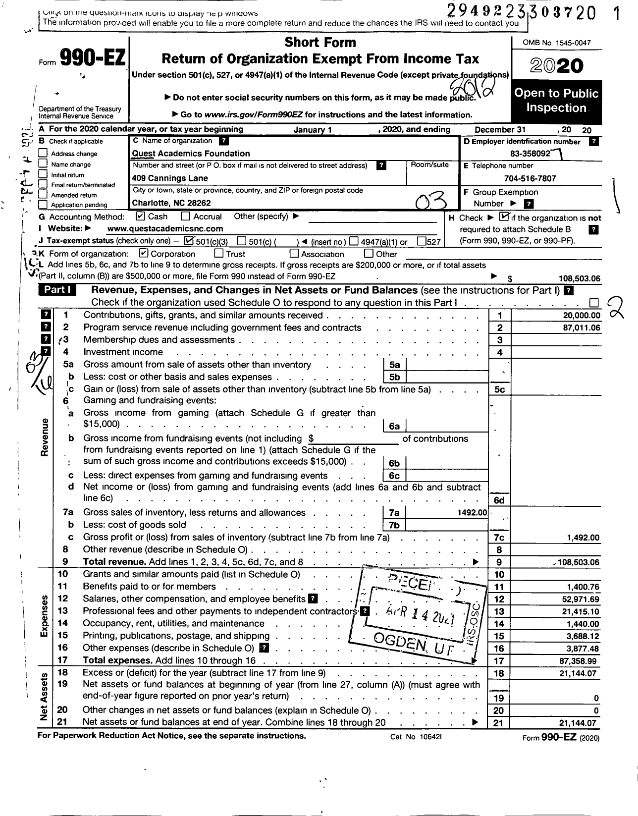 Image of first page of 2020 Form 990EZ for Quest Academics