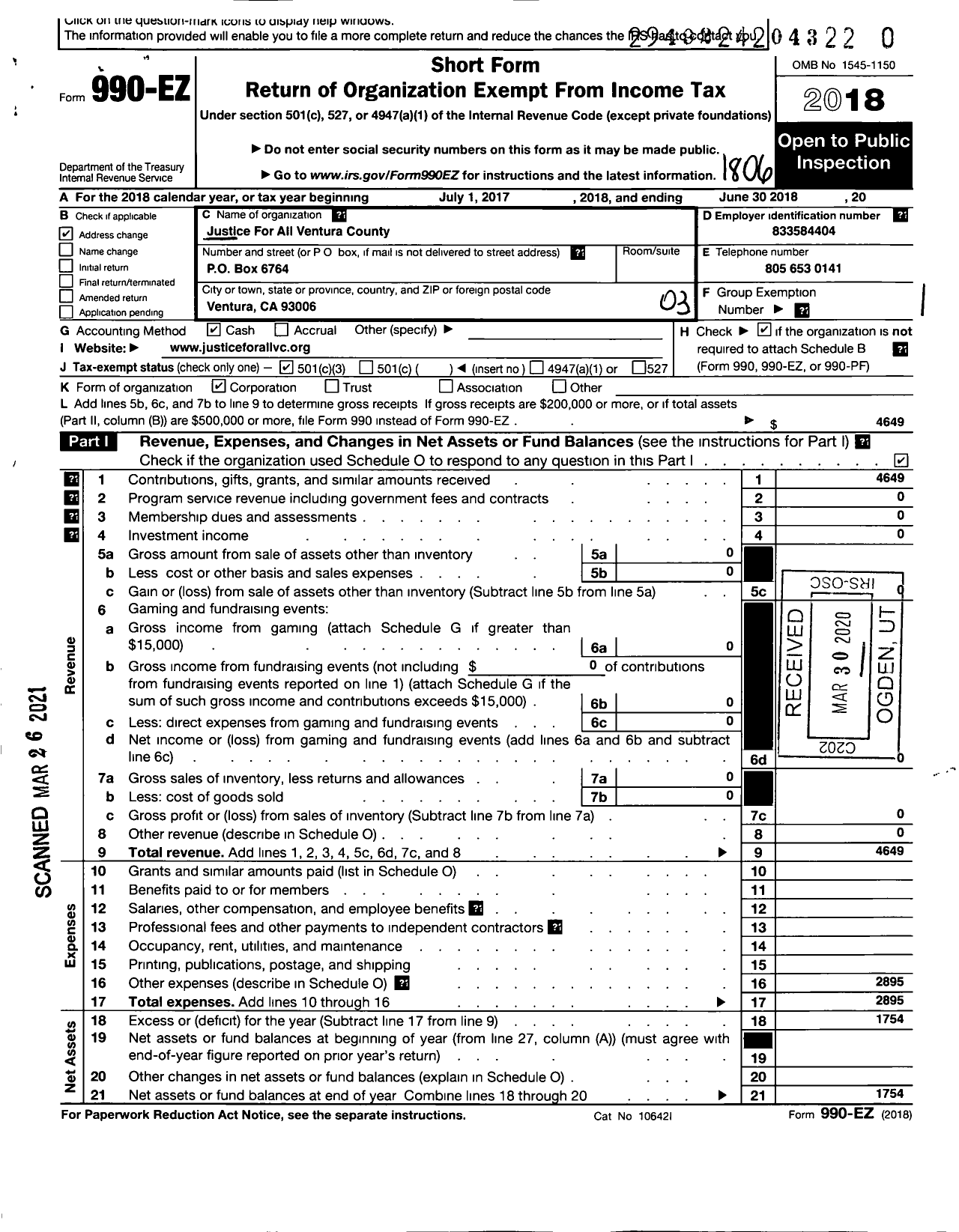 Image of first page of 2017 Form 990EZ for Justice for All Ventura County Incorporated