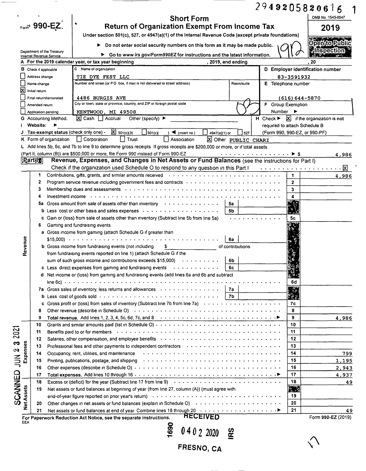 Image of first page of 2019 Form 990EZ for Tie Dye Fest LLC