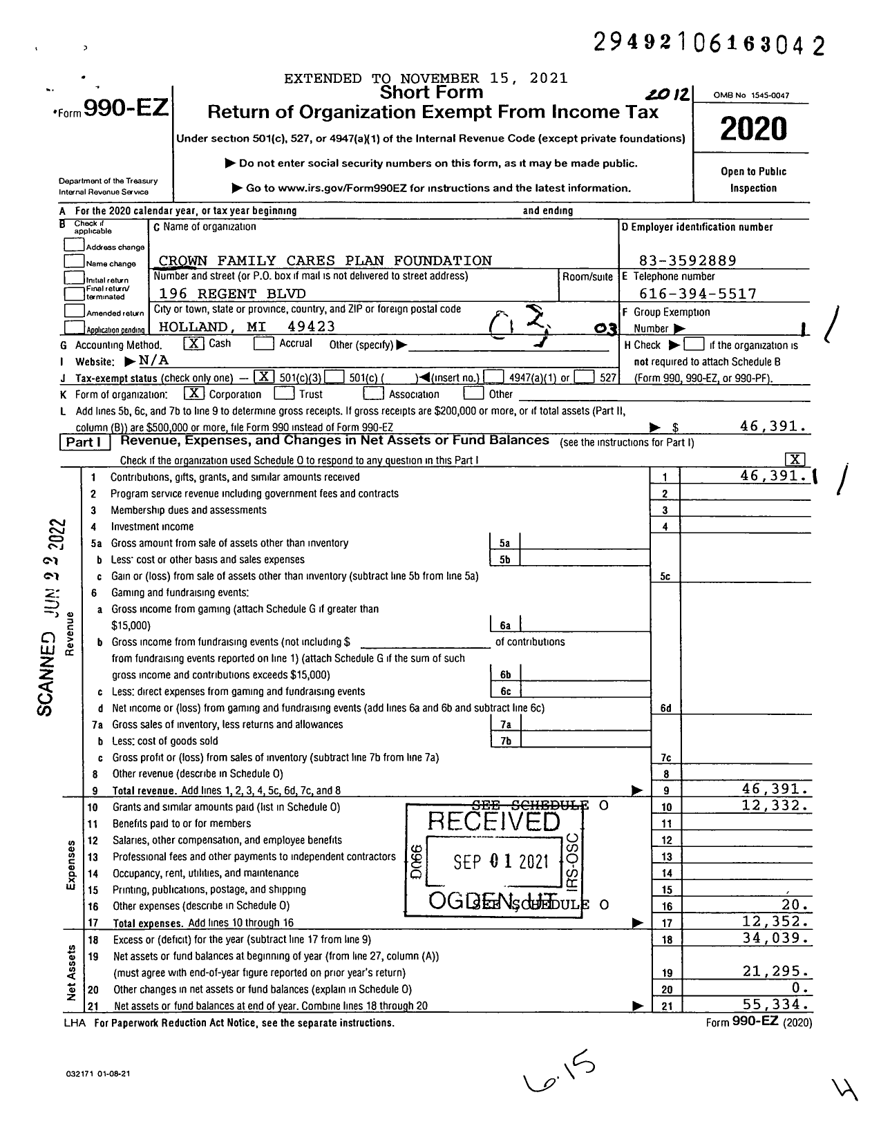 Image of first page of 2020 Form 990EZ for Crown Family Cares Plan Foundation