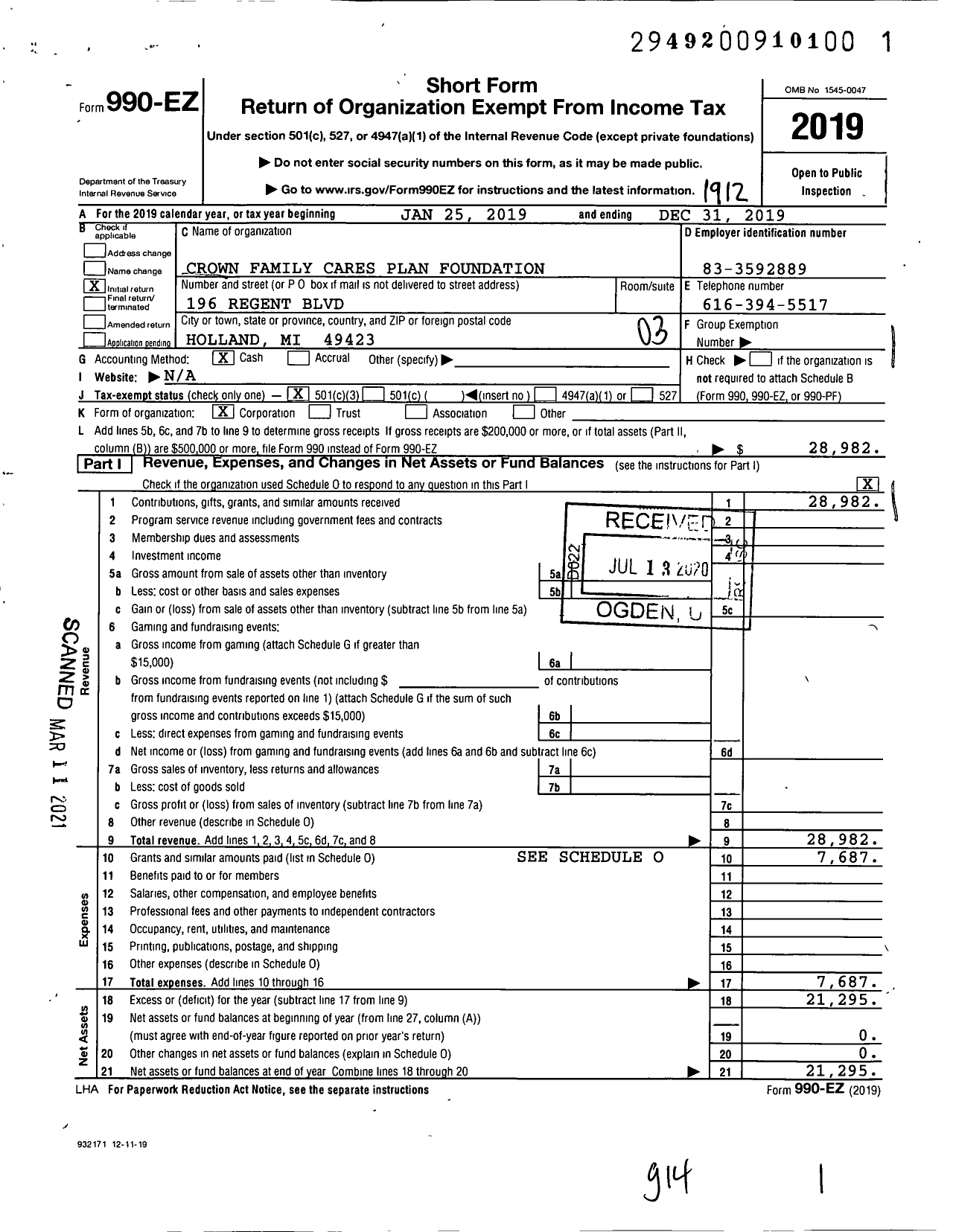 Image of first page of 2019 Form 990EZ for Crown Family Cares Plan Foundation