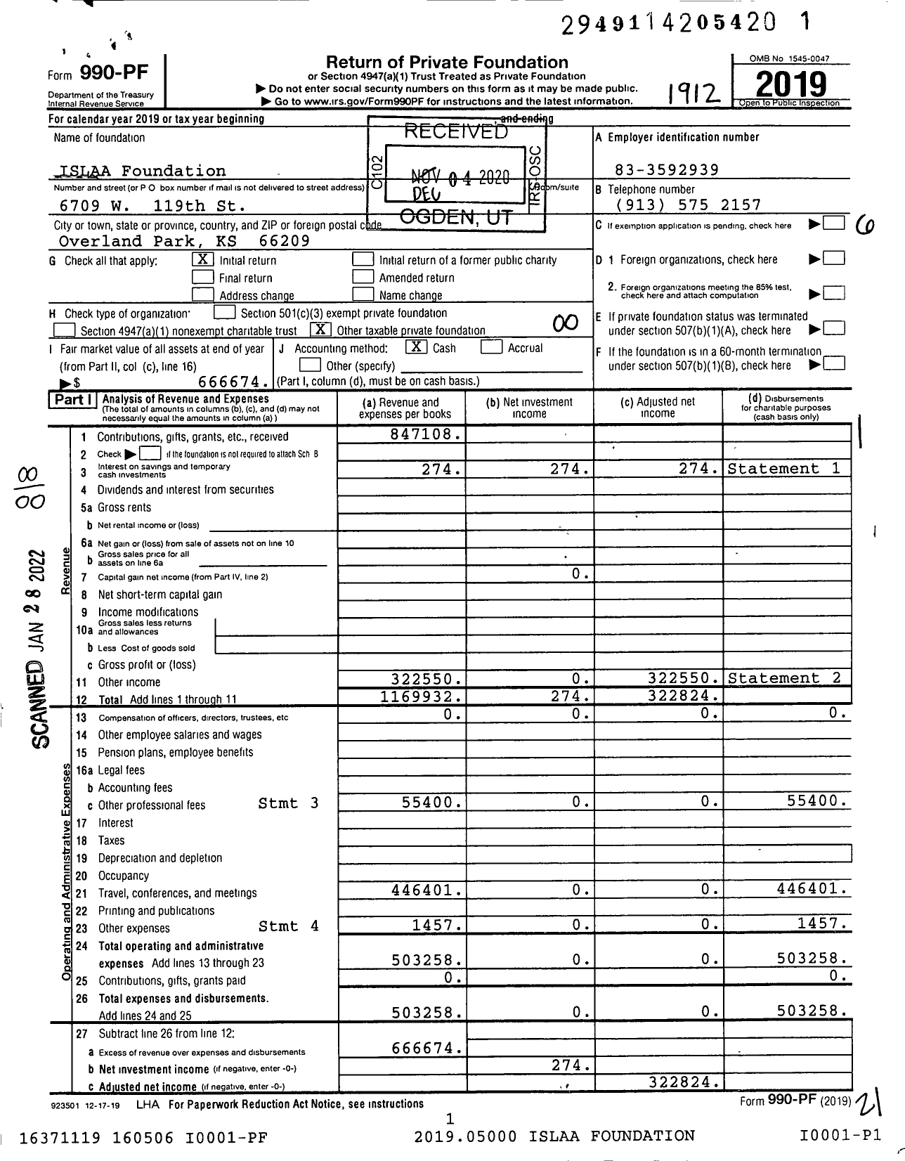 Image of first page of 2019 Form 990PF for Islaa Foundation