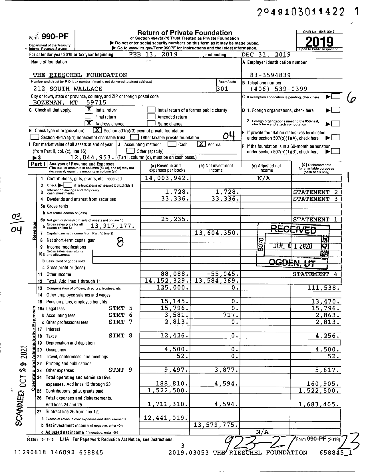 Image of first page of 2019 Form 990PF for The Rieschel Foundation