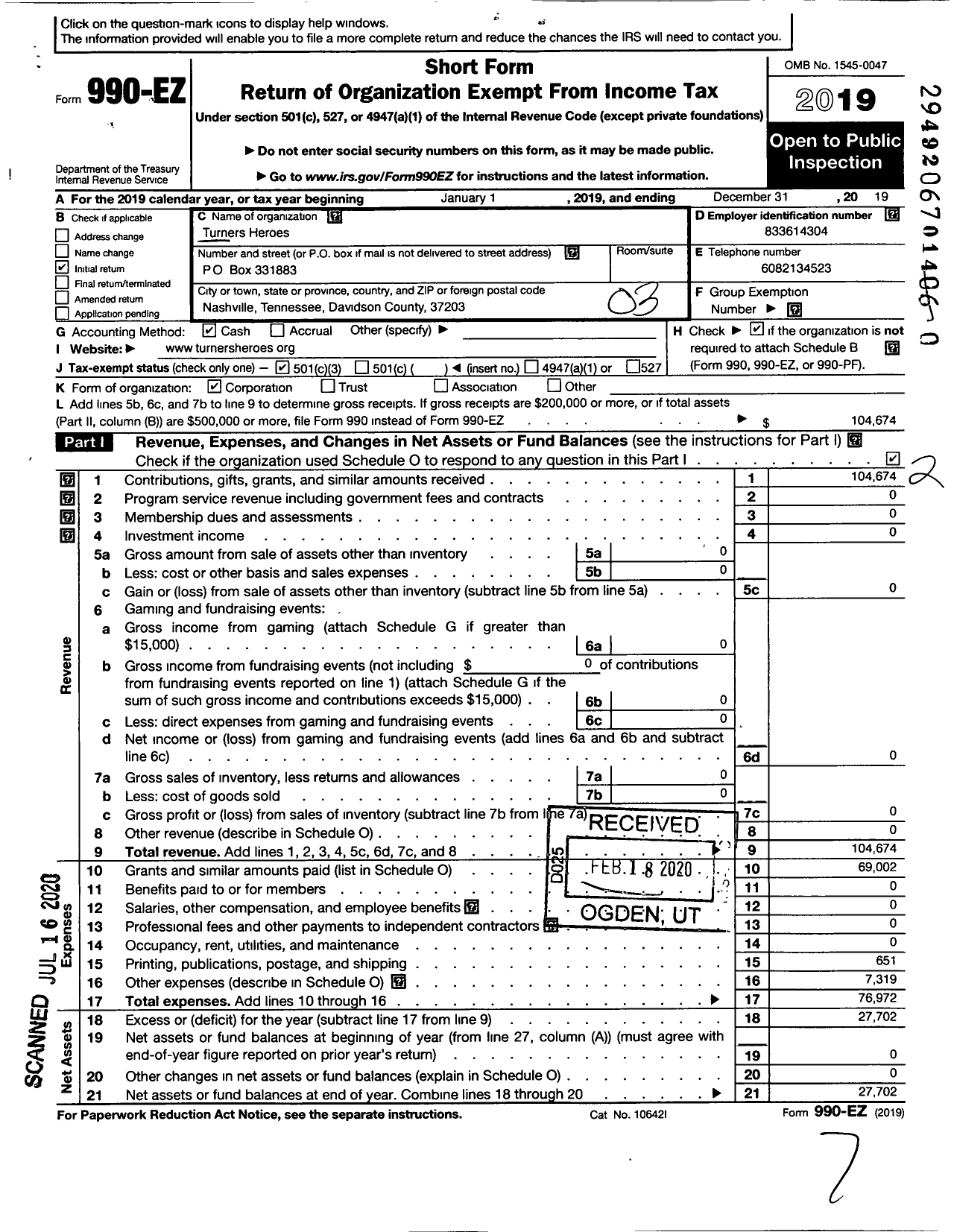 Image of first page of 2019 Form 990EZ for Turners Heroes