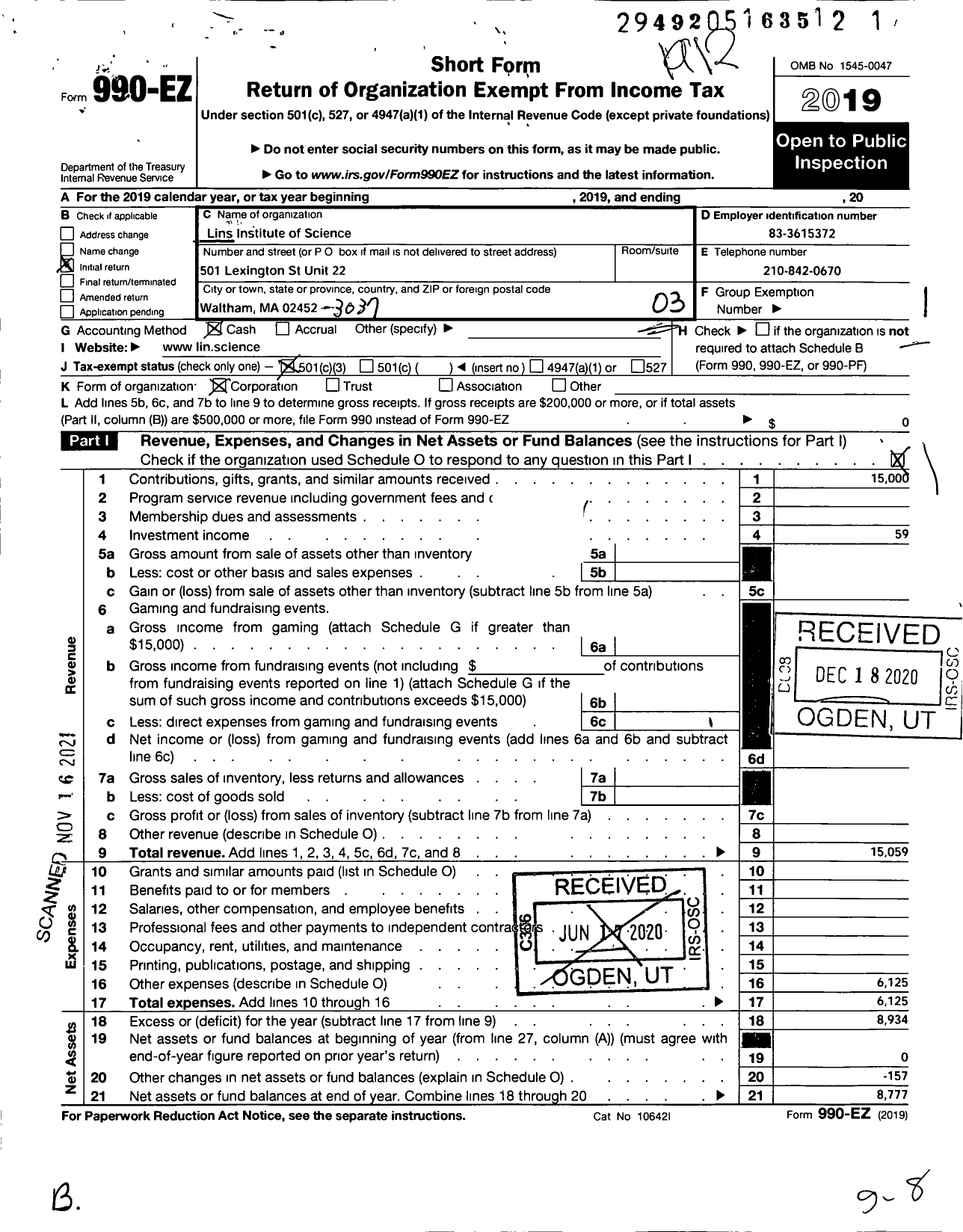 Image of first page of 2019 Form 990EZ for Lins Institute of Science