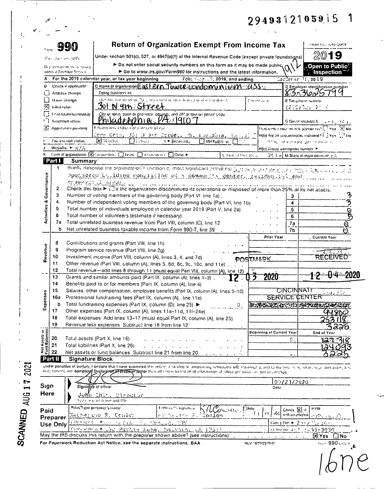 Image of first page of 2019 Form 990 for Eastern Tower Condominium Association