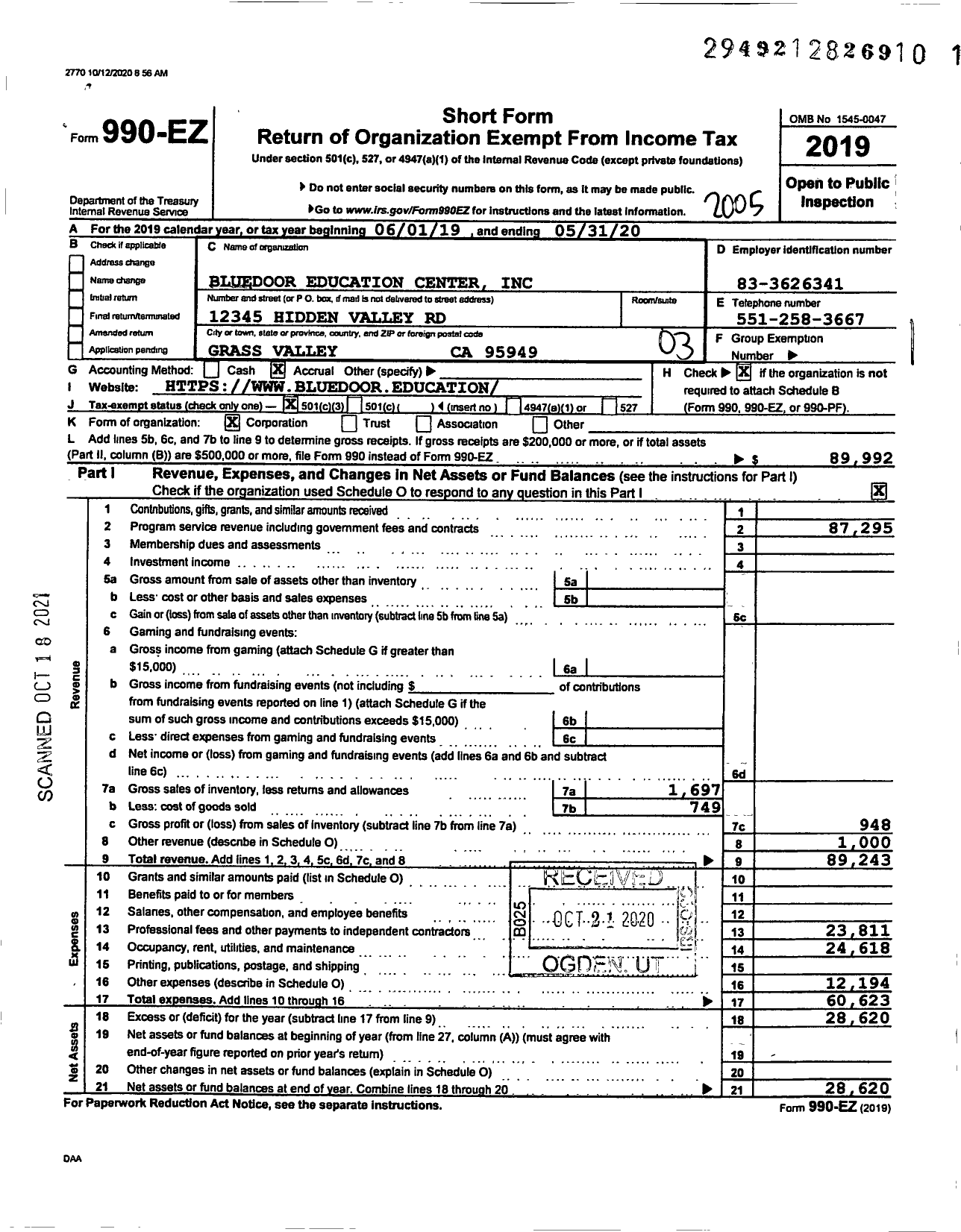 Image of first page of 2019 Form 990EZ for Bluedoor Community Center
